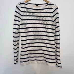 J.Jill Wearever Open Knit Striped Sweater Tall Small Navy Cream Nautical Crochet